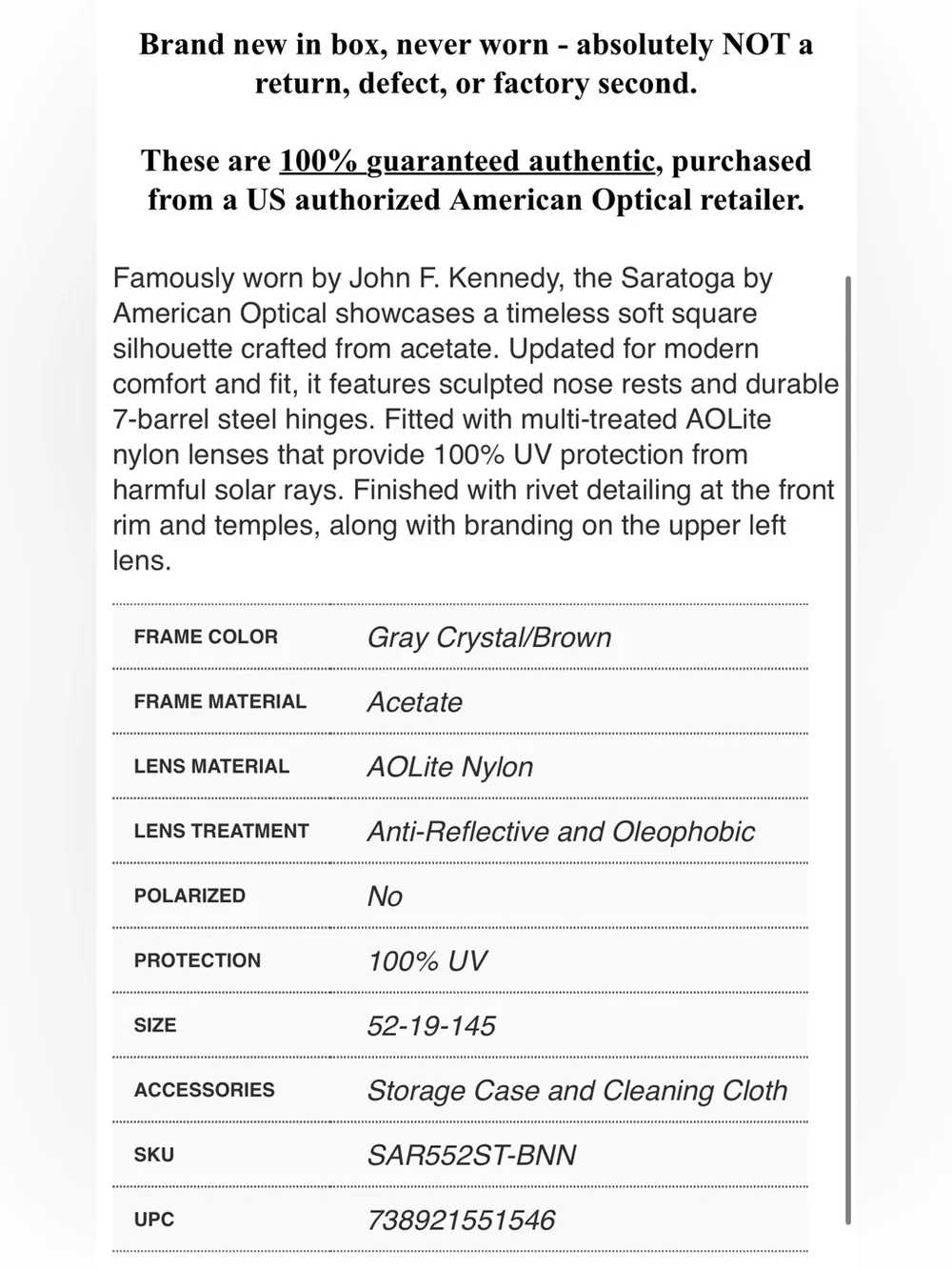 NWT American Optical “Saratoga” Gray Crystal Brown Lenses 52mm= “JFK Sunglasses”